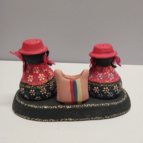 Vintage Folk Art Hand Painted Salt & Pepper Shakers + Toothpick Holder Pottery - Picture 2 of 15